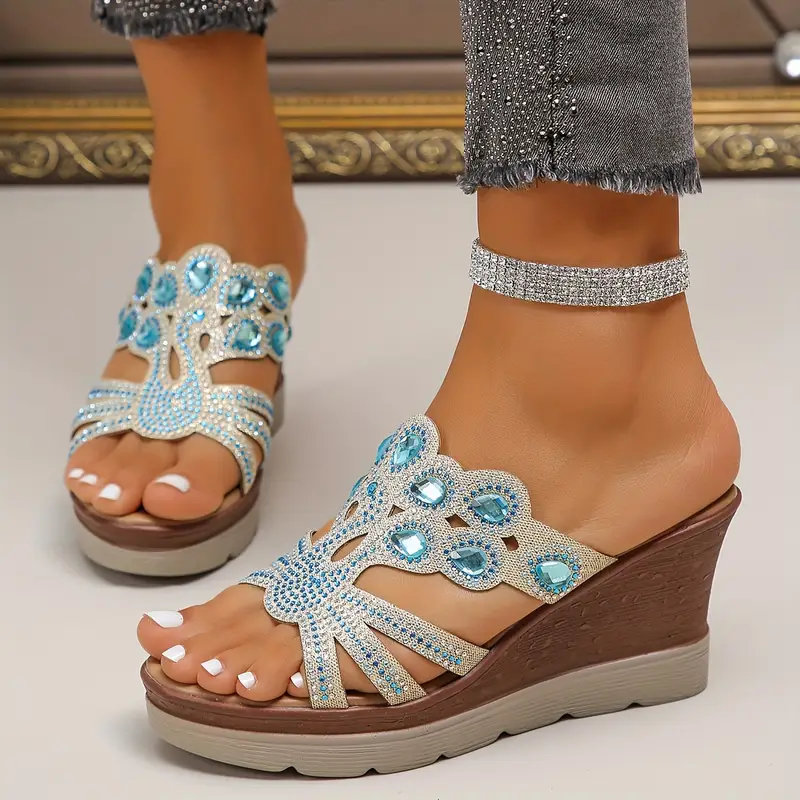 Women‘s Rhinestone Decor Comfortable Platform Wedge Heeled Sandals 