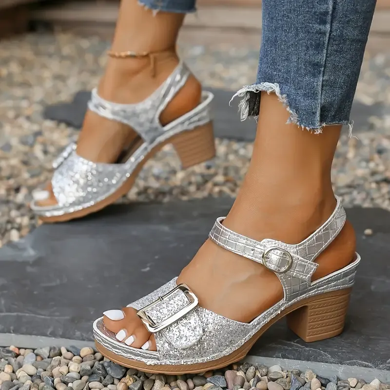 Women's Glittery Chunky Heel Sandals with Adjustable T-Strap & Buckle Closure
