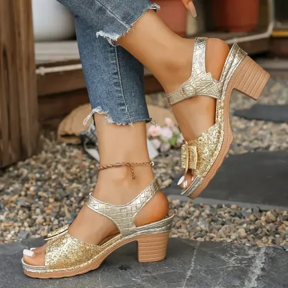 Women's Glittery Chunky Heel Sandals with Adjustable T-Strap & Buckle Closure