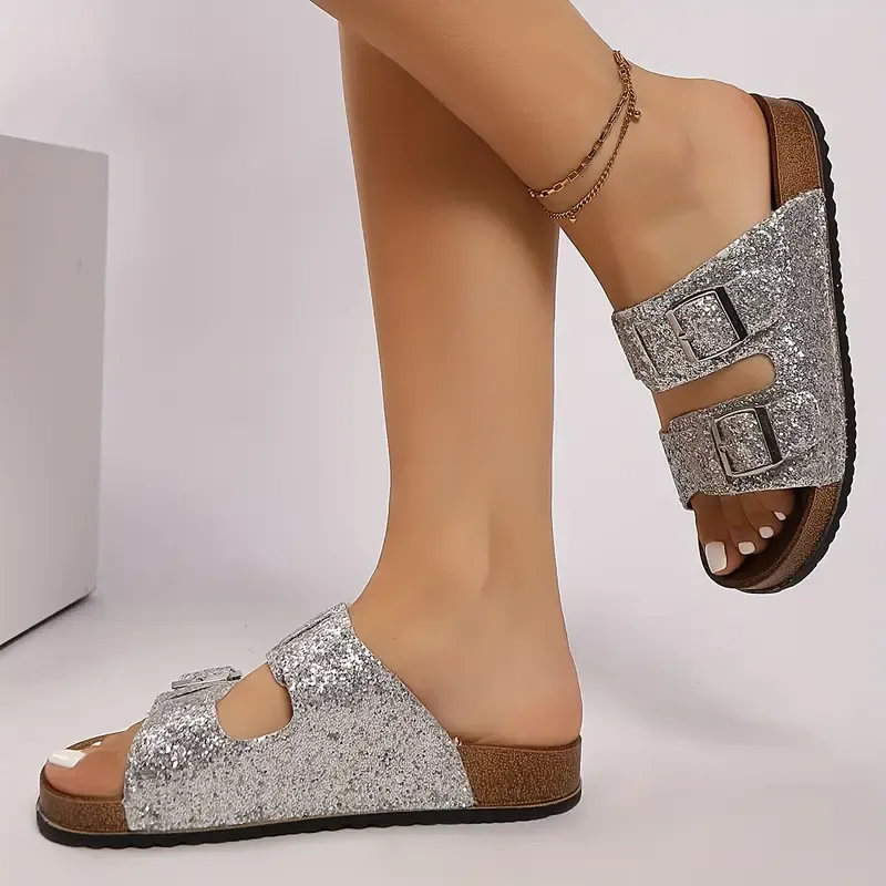 Women's Fashion Soft Lightweight Flat Slippers Home Outdoor Beach Shoes with Adjustable Buckle