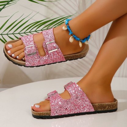 Women's Fashion Soft Lightweight Flat Slippers Home Outdoor Beach Shoes with Adjustable Buckle