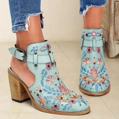 Women's Stylish Floral Vintage Style Chunky Heel Ankle Boots Sandals