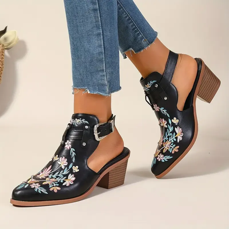 Women's Stylish Floral Vintage Style Chunky Heel Ankle Boots Sandals