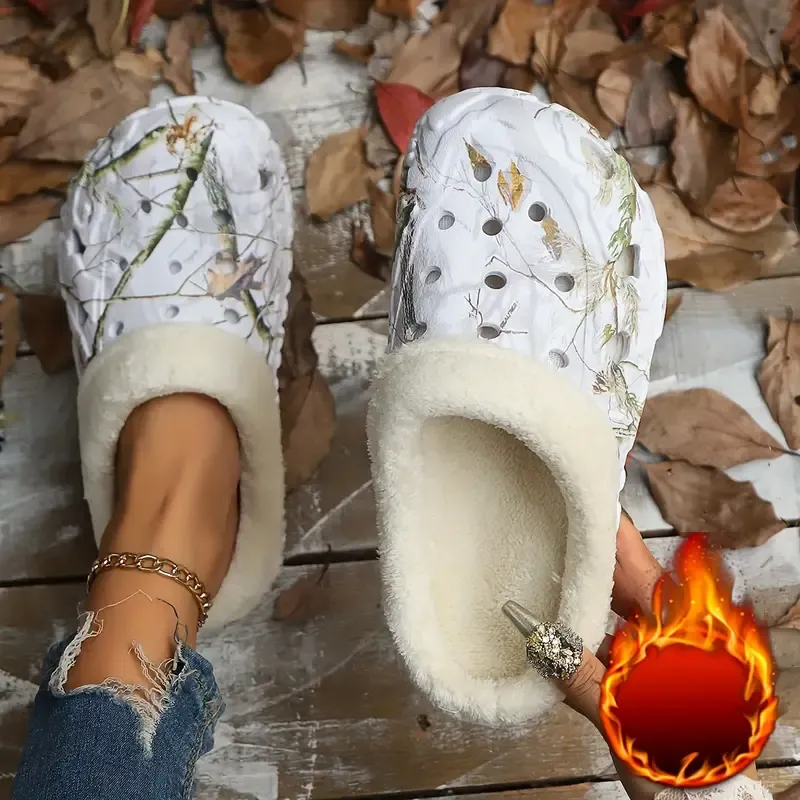 Unisex Comfortable & Warm Winter Camouflage Print Non-Slip Indoor/Outdoor Slip-On Shoes with Plush Lining