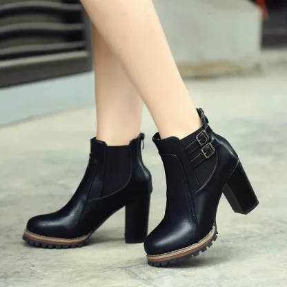 Women's Vintage Fashion Buckle Leather Chunky Heel Boots