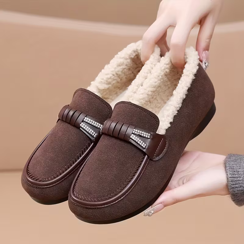 Women's Cozy Bow Detail & Rhinestone Accents Winter Slip-On Shoes 
