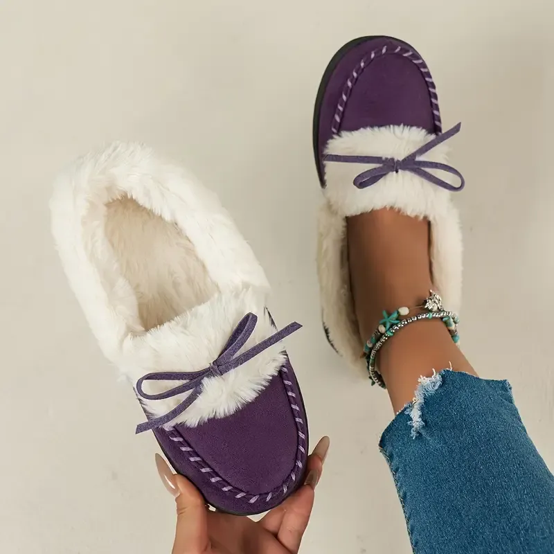 Women's Thermal Long-Pile Indoor/Outdoor Shoes Slippers Bow Slip-Ons