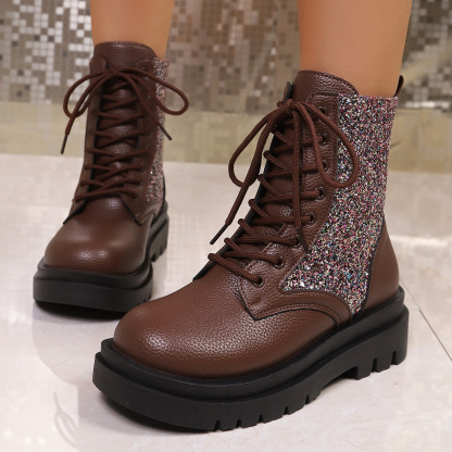 Women's New Sequined Lace-up Platform Martin boots Round-toed Short Boots