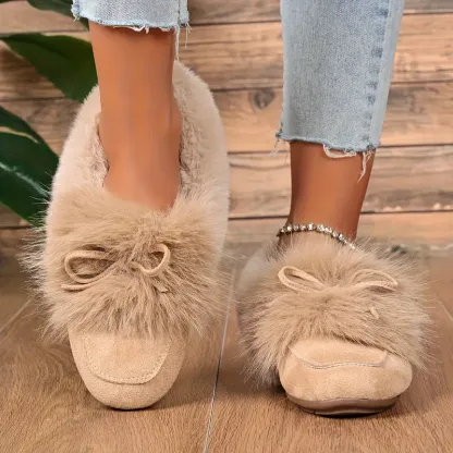 Women's Cozy Non-Skid Plush Slip-On Slippers with Bow Winter Indoor/Outdoor House Shoes