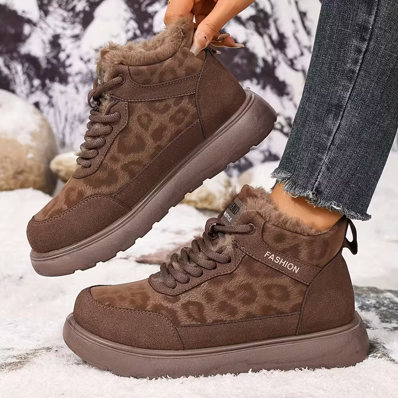 Women's Cozy Leopard Print Thick-Soled Winter Warm Plush Ankle Boots Outdoor Shoes for Home, Office, Casual