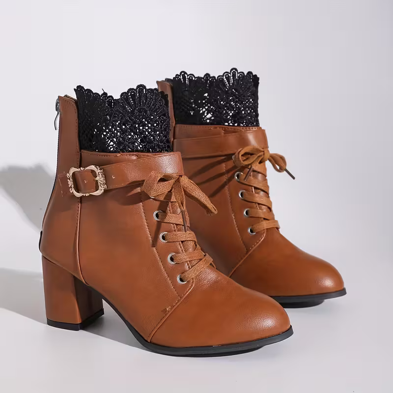 Women's Elegant & Versatile Retro Style Gothic Lace Chunky High-Heel Ankle-High Boots for Dresses, Skirts, Jeans