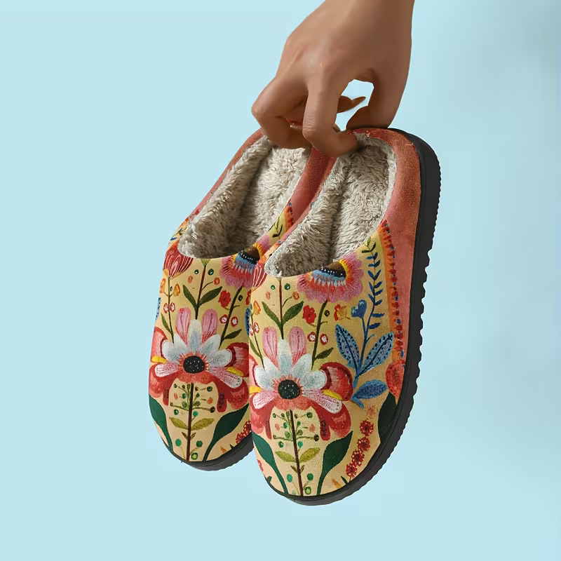 Women's Cozy Plush Vibrant Floral Design Slippers Indoor/Outdoor Shoes