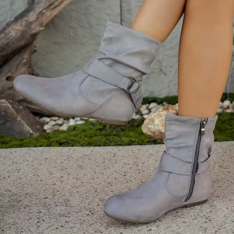Women's Chic Low Heel Ankle Boots with Side Zipper & Buckle Detail