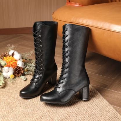 Women's Fashion Lace-Up Mid-Calf Chunky Heel Boots