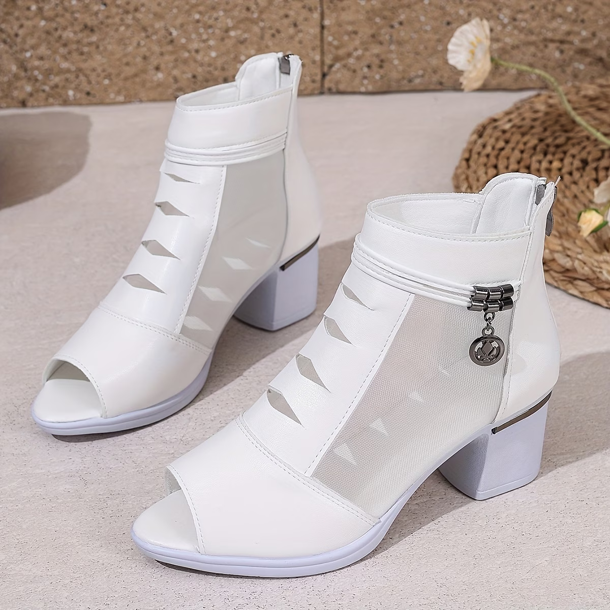 Women's Stylish Mesh Leather Ankle Boots Chunky Heeled Peep-Toe Sandals