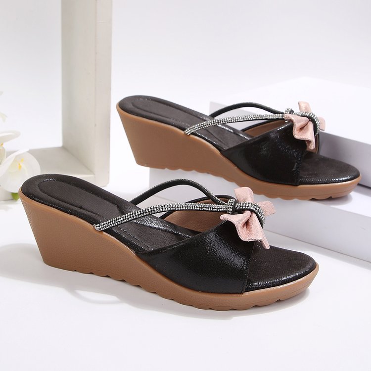 Women's Fashionable Rhinestone Bow-Decorated Wedge Heel Sandals