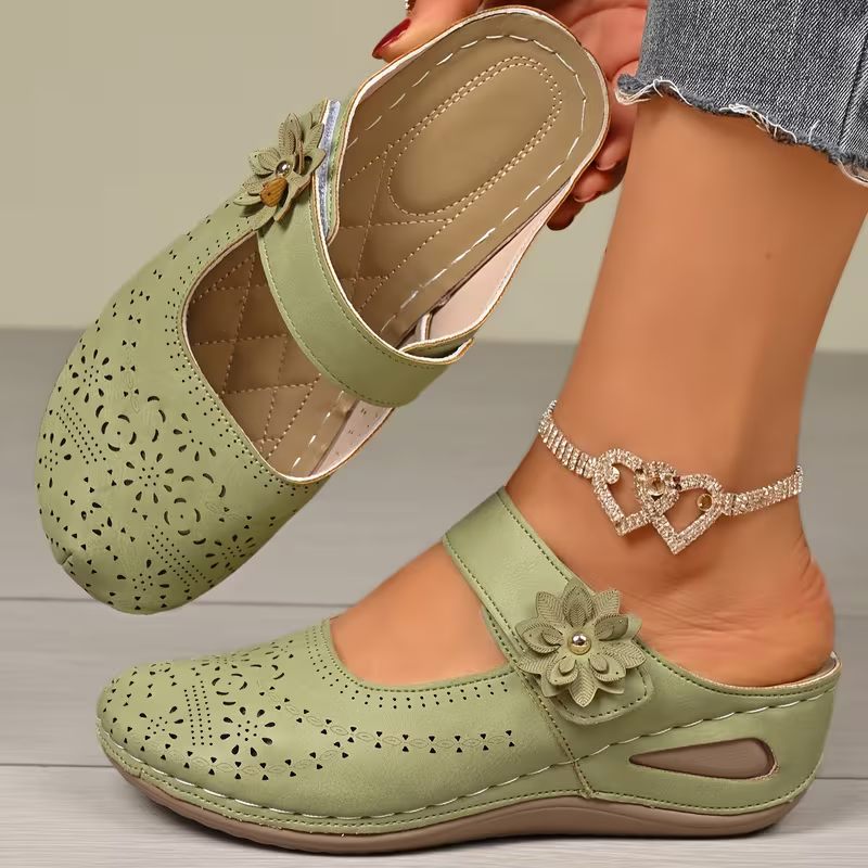 Women's Arch Support Hollow Design Floral Decorations Massage Wedge Mules  Slip-On Sandals