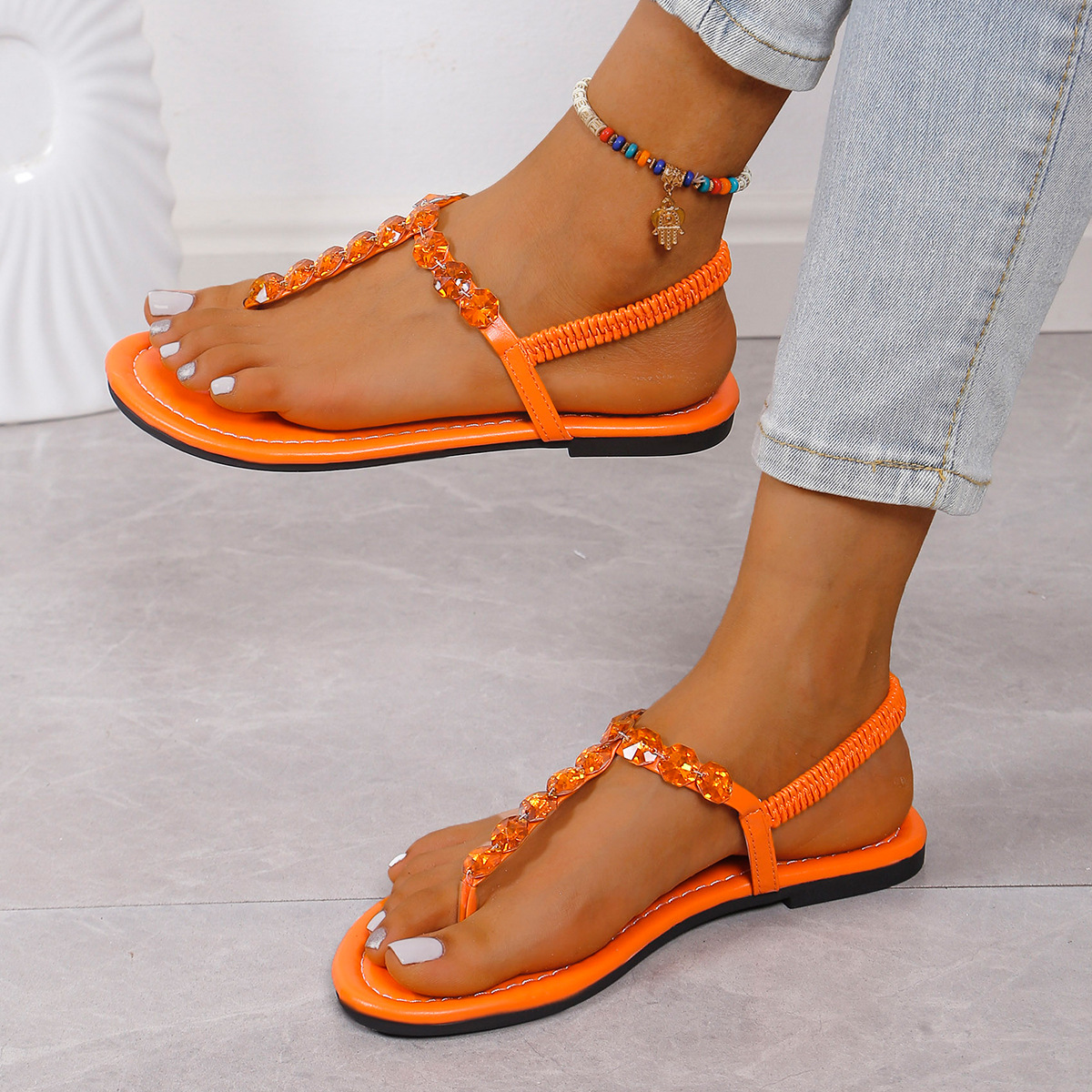 Women's Rhinestone Crystal Elastic Slingback Thong Flat Summer Sandals