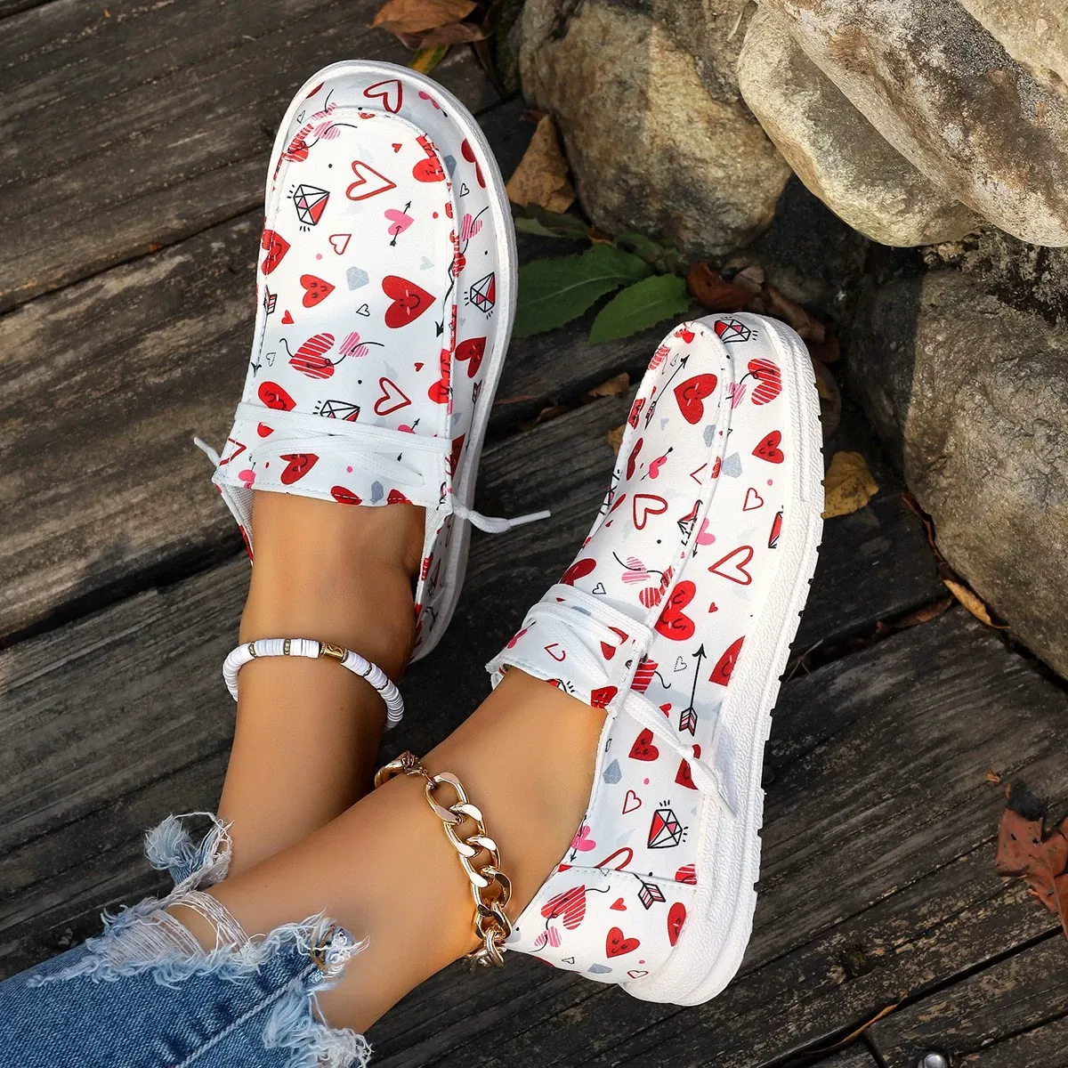 Women's Lightweight Heart Print Slip‑On Loafers Walking Shoes