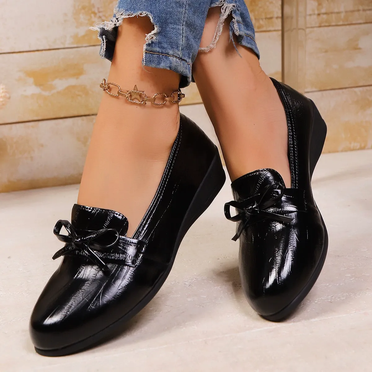 Women's Bow Wedge Loafers Roomy Wide Fit Slip‑On Shoes