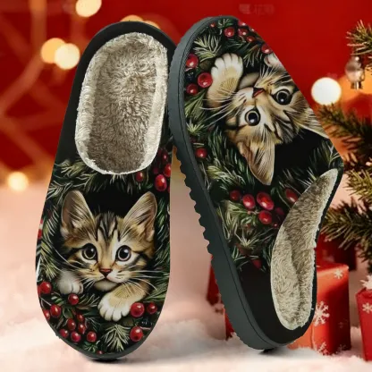 Christmas Kitten Print Fuzzy House Slippers