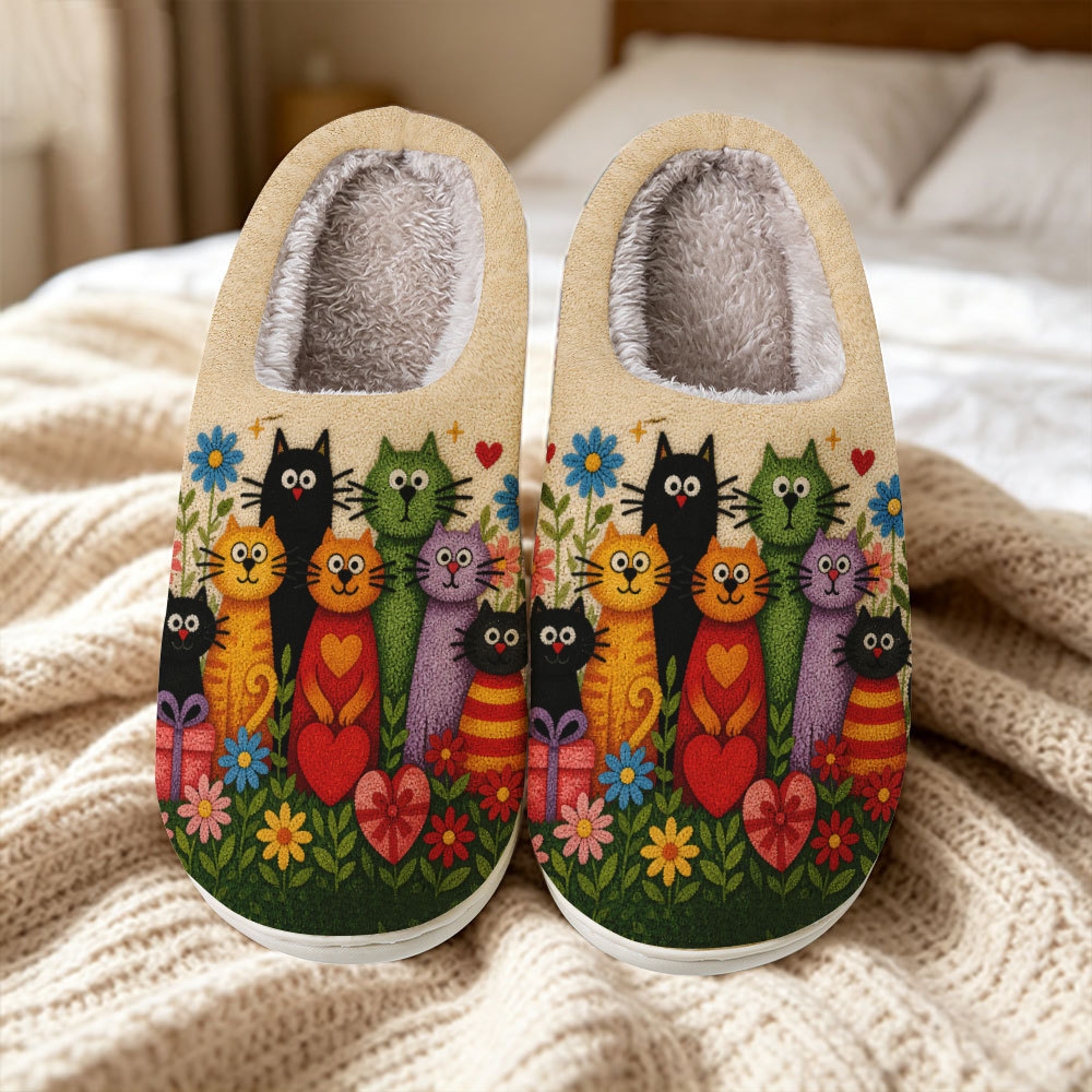 Women's Folk Art Multi‑Cat Floral Print Fuzzy House Slippers