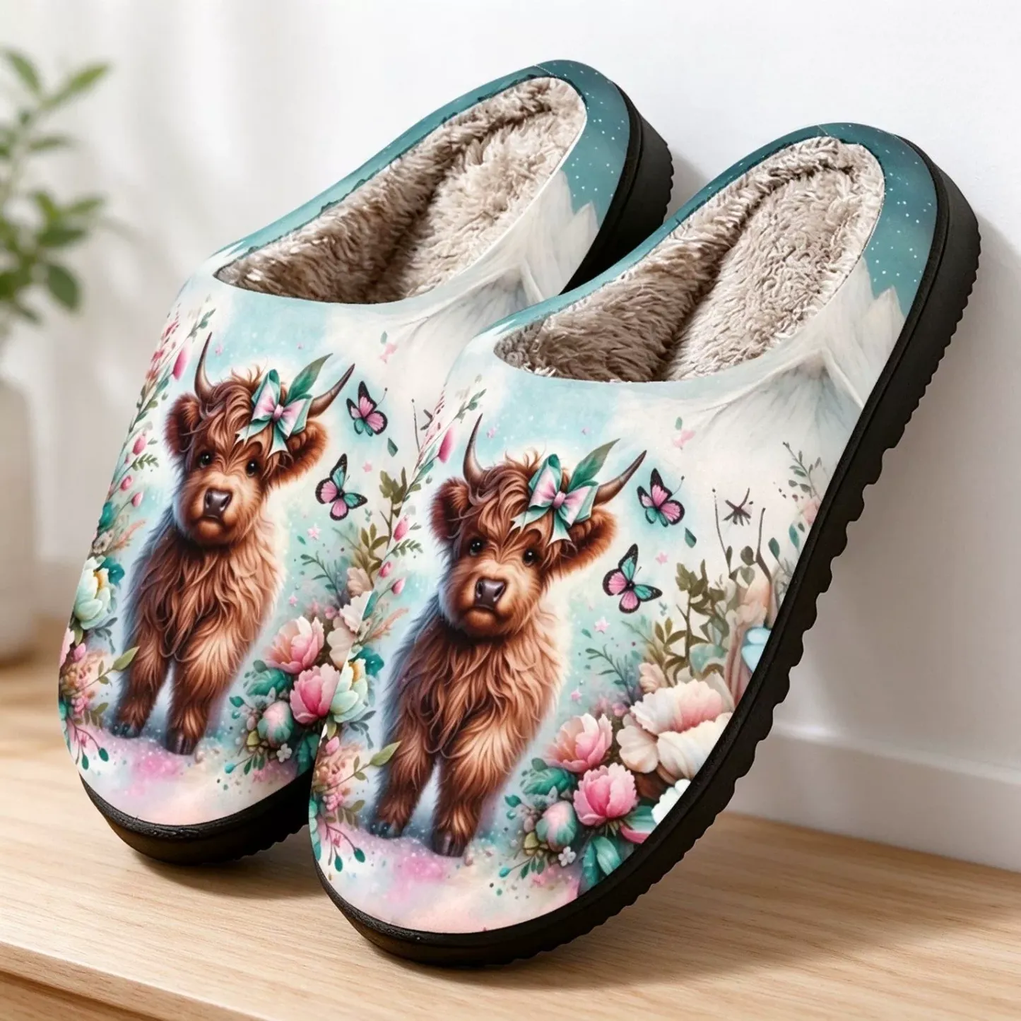Women's Cute Highland Cow Floral Print Fleece Lined Slippers