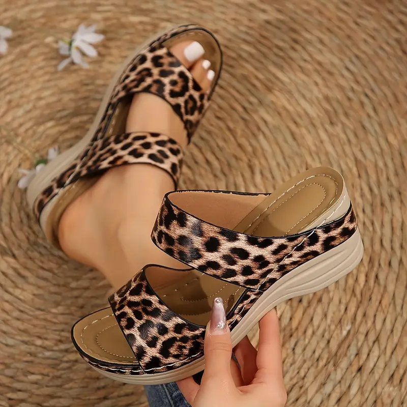Women's Leopard Print Wedge Slide Sandals