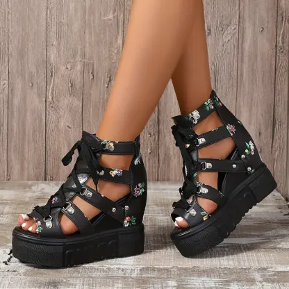 Women's Floral Hollow Vintage Wedge Platform Sandals Holiday Shoes