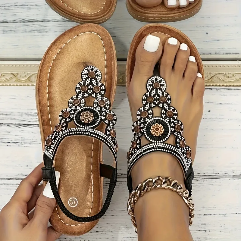 Women's Shiny Bohemian-Style Floral Beach Flat Sandals