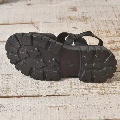Women's Stylish Comfortable Black Leather Platform Sandals