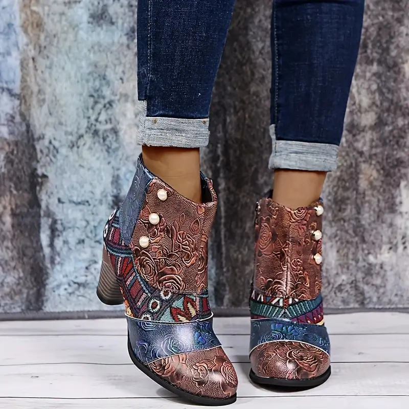 Women's Bohemian Floral Pattern Chunky Boots