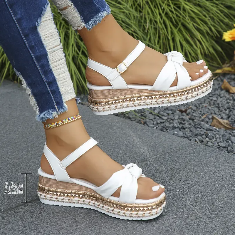 Women's Summer Fashion White Bowknot Thick Sole Wedge Sandals