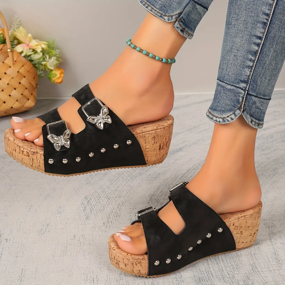 Women's Double Butterfly Buckle  Platform Slip On Vacation Sandals Wedge Beach Slides