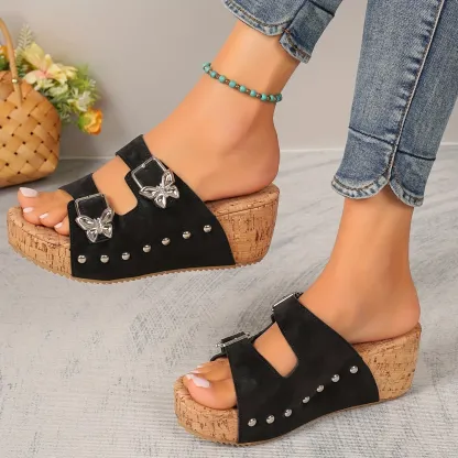 Women's Double Butterfly Buckle  Platform Slip On Vacation Sandals Wedge Beach Slides