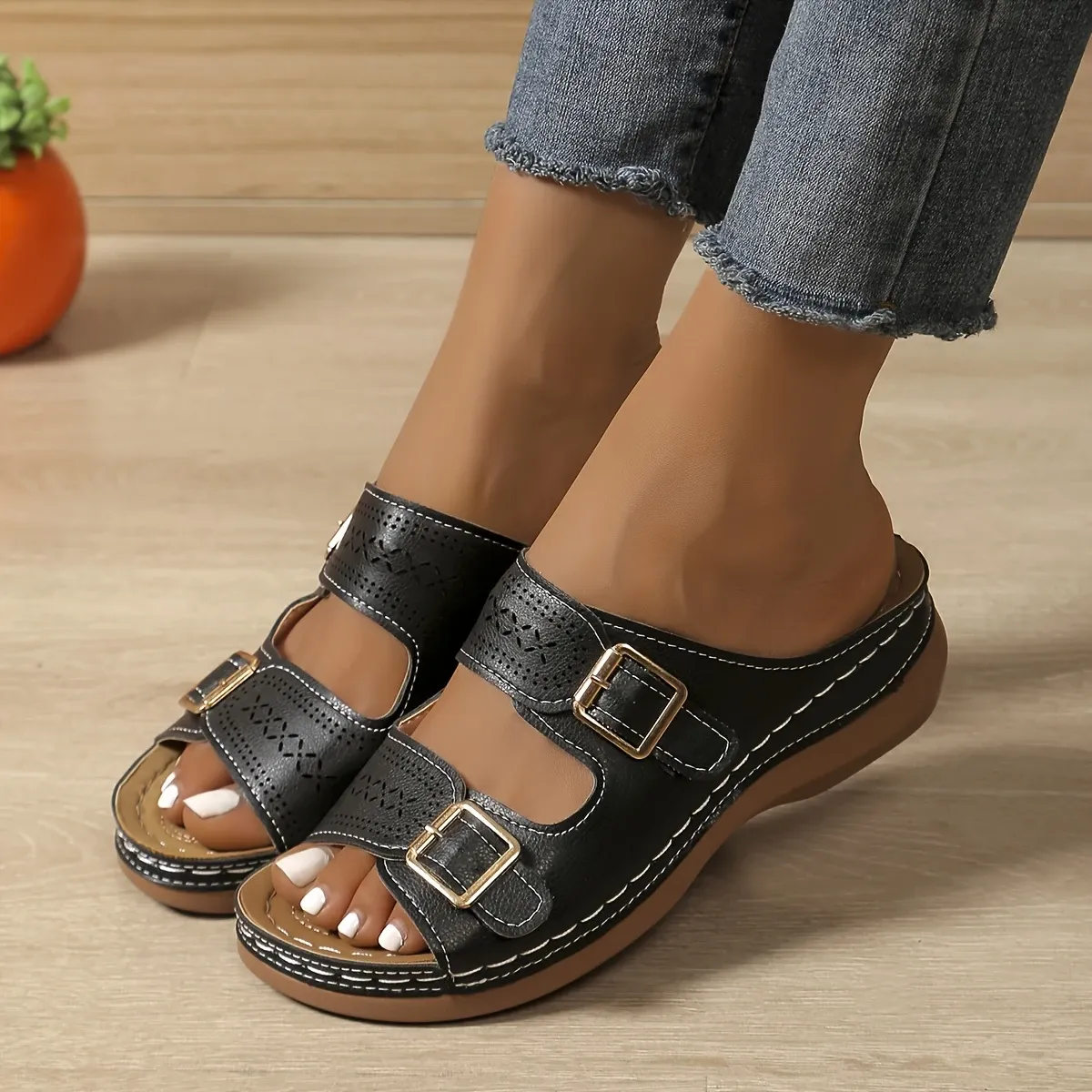 Women's Stylish Comfortable Double Buckle Cut-Out Wedge Sandals Beach Holiday Shoes