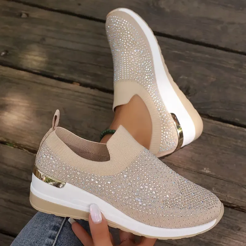 Women's Rhinestone Decor Platform Sneakers Slip-On Outdoor Shoes