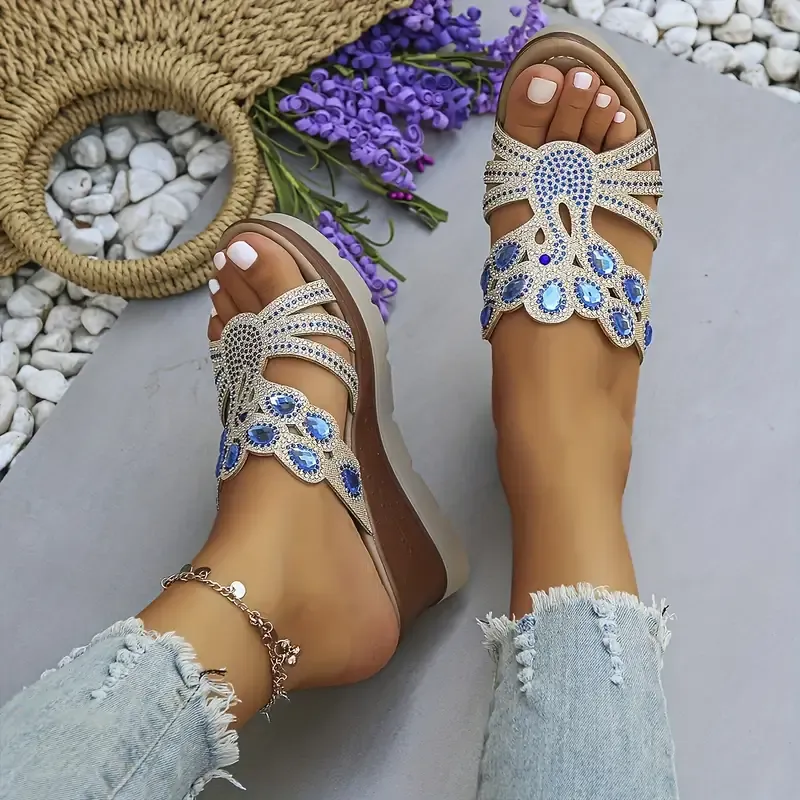 Women‘s Rhinestone Decor Comfortable Platform Wedge Heeled Sandals 