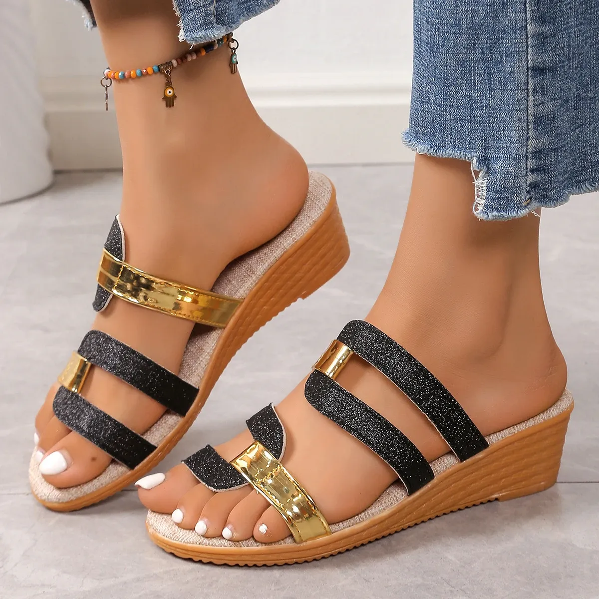 Women's Fashion Shiny Wedge Sandals