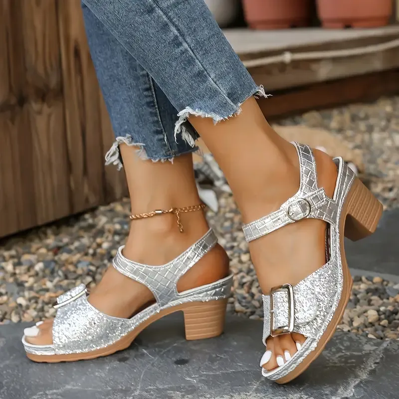 Women's Glittery Chunky Heel Sandals with Adjustable T-Strap & Buckle Closure