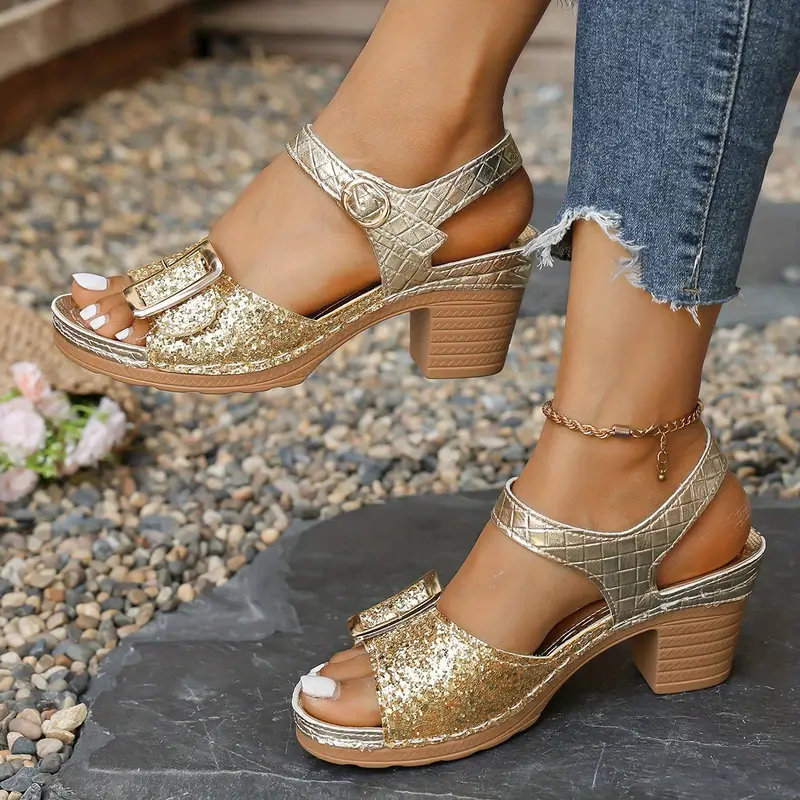 Women's Glittery Chunky Heel Sandals with Adjustable T-Strap & Buckle Closure