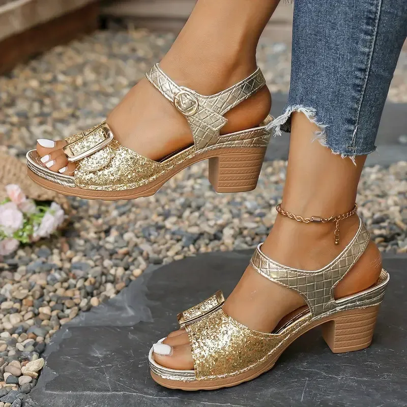 Women's Glittery Chunky Heel Sandals with Adjustable T-Strap & Buckle Closure