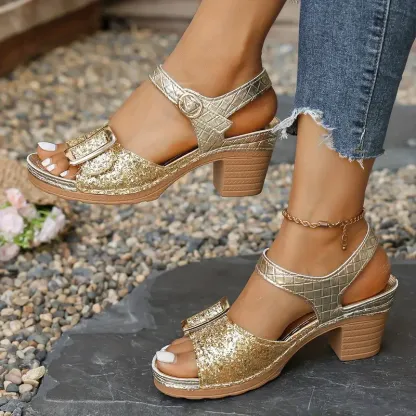 Women's Glittery Chunky Heel Sandals with Adjustable T-Strap & Buckle Closure