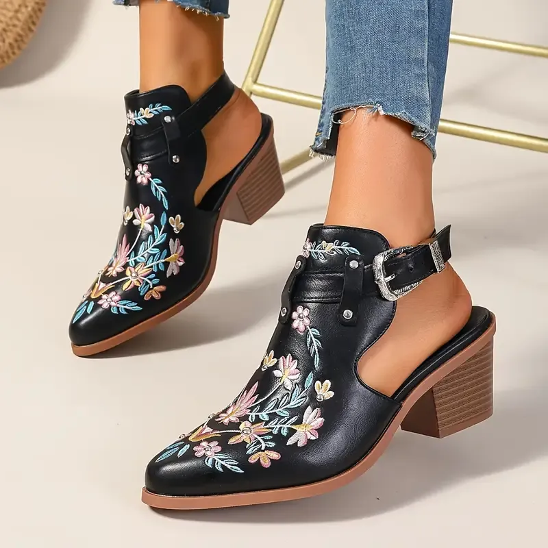 Women's Stylish Floral Vintage Style Chunky Heel Ankle Boots Sandals