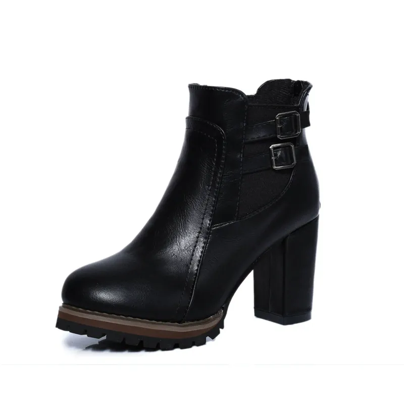 Women's Vintage Fashion Buckle Leather Chunky Heel Boots