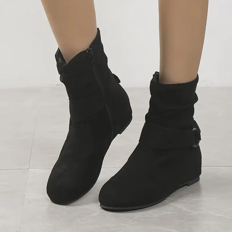 Women's Slouchy Ankle Boots, Solid Color Round Toe Side Zipper Short Boots, Comfortable Flat Boots