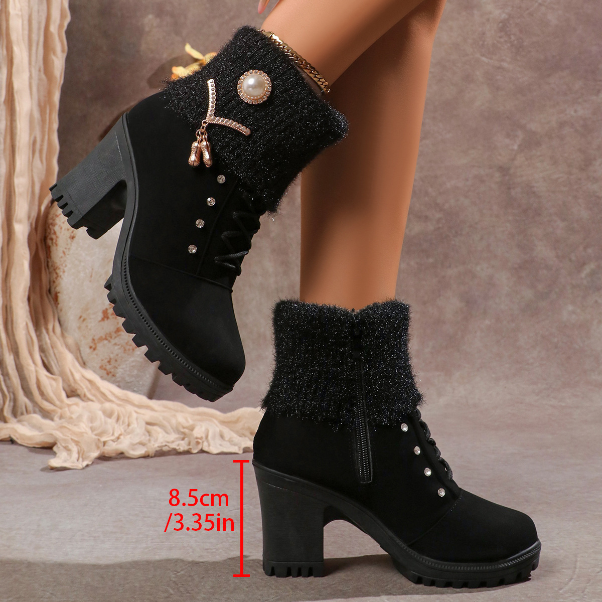 Women's Fashionable Rhinestone Fleece Lining Waterproof and Non-slip Chunky-heeled Boots