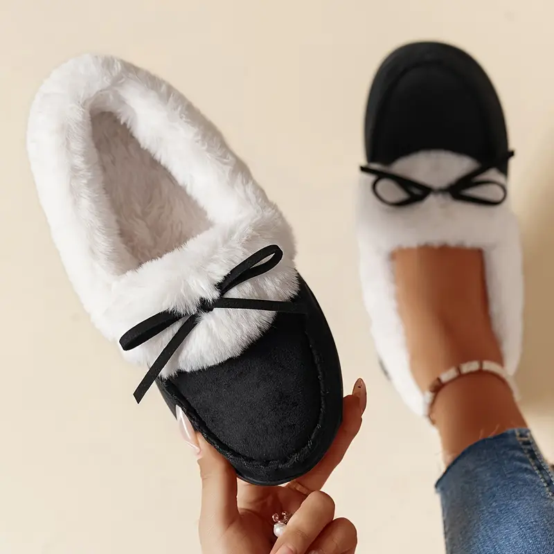 Women's Thermal Long-Pile Indoor/Outdoor Shoes Slippers Bow Slip-Ons