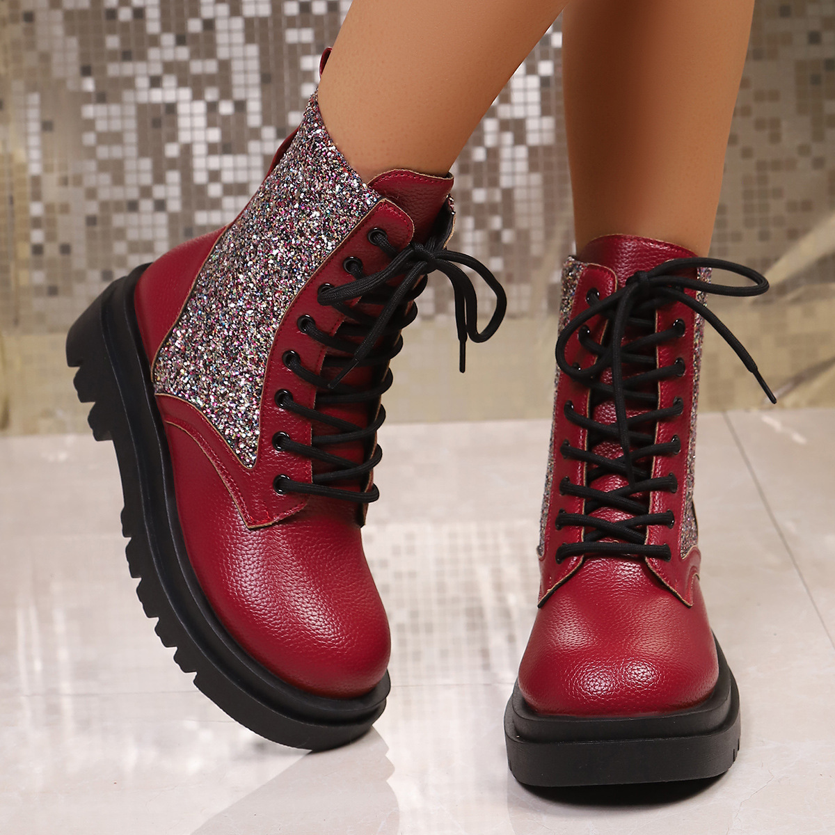Women's New Sequined Lace-up Platform Martin boots Round-toed Short Boots