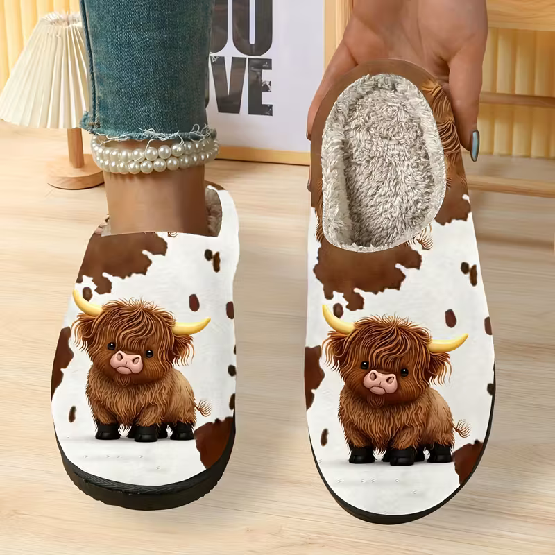 Women's Cozy Fleece-Lined Highland Cow Slippers Slip-On House Shoes for Holiday Gifts